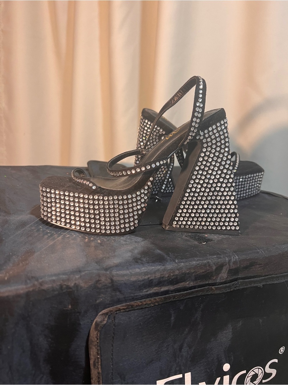 So Me Black Rhinestone Platform Block Heels